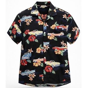 Matt Rider Hawaiian Shirt Men M Black Classic Car Hibiscus Retro Camp Button Up
